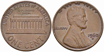 США 1 цент 1960 D, Линкольн, LARGE DATE KM 201 медь цинк 105-619