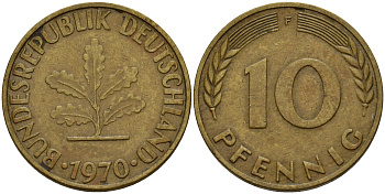 ФРГ 10 пфеннигов 1970 F J. 383, KM 108 сталь плакированная латунью    4603-345