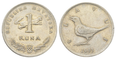 Хорватия 1 куна 1993 западный соловей, легенда на хорватском KM 9.1 медь цинк никель 4625-522