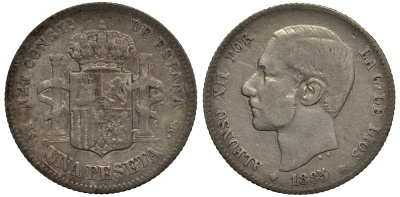 Испания 1 песета 1885 (85), MS-M, Альфонсо XII (1874-1885) KM 686 (Y-B76) серебро 1530-643