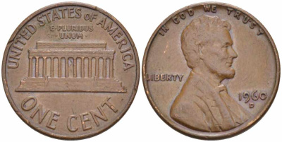 США 1 цент 1960 D, Линкольн, LARGE DATE KM 201 медь цинк 105-619