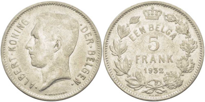 БЕЛЬГИЯ 5 ФРАНКОВ 1932 АЛЬБЕРТ I, DER BELGEN KM 98 никель 3851-423