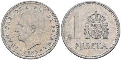 Испания 1 песета 1985 M, Хуан Карлос I (1975-2014) KM 821 алюминий 4401-826