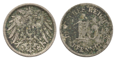 Германия 10 пфеннигов 1896 D, Вильгельм II (1888-1918) KM 12, J. 13 медно-никель 4611-1131