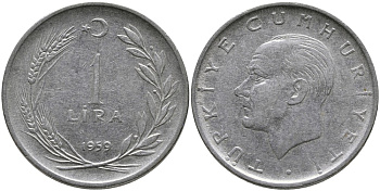 Турция 1 лира 1959 Мустафа Кемаль Ататюрк KM 889а.1 нержавеющая сталь 4541-225