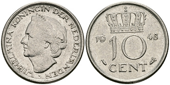 Нидерланды 10 центов 1948 Вильгельмина (1895-1948) KM 177 никель 96-532