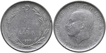 Турция 1 лира 1959 Мустафа Кемаль Ататюрк KM 889а.1 нержавеющая сталь 4541-234