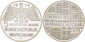 ФРГ 5 марок 1975 F, Европейский год охраны памятников J. 417, KM 142.1 серебро 413-1343