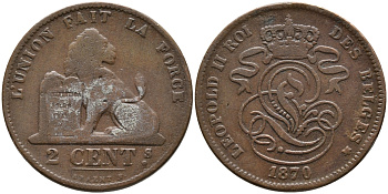 БЕЛЬГИЯ 2 САНТИМА 1870 BELGES KM 35.1 медь 95-721