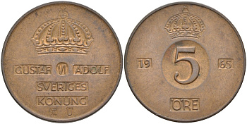Швеция 5 эре 1965 U, Густав VI Адольф (1950-1973) KM 822 бронза 4557-822