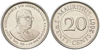 Маврикий 20 центов 2007 KM 53 сталь плакированная никелем UNC 4523-622