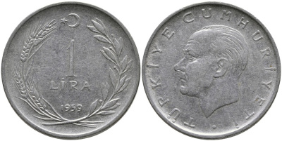 Турция 1 лира 1959 Мустафа Кемаль Ататюрк KM 889а.1 нержавеющая сталь 4541-225