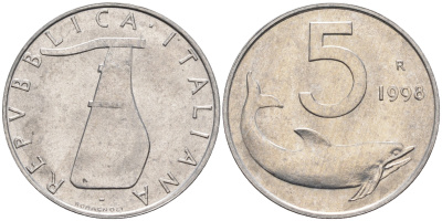 Италия 5 лир 1998 R, дельфин KM 92 алюминий  UNC  4594-725