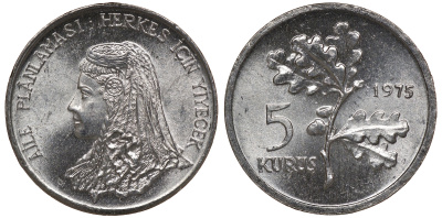 Турция 5 курушей 1975 KM 890a алюминий UNC M52-20