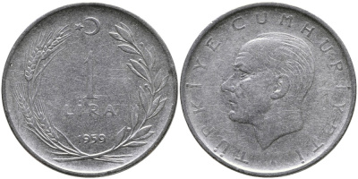 Турция 1 лира 1959 Мустафа Кемаль Ататюрк KM 889а.1 нержавеющая сталь 4541-234