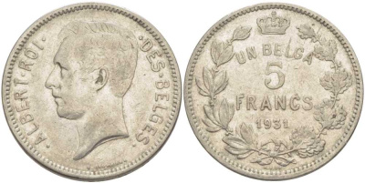 БЕЛЬГИЯ 5 ФРАНКОВ 1931 АЛЬБЕРТ I, DES BELGES KM 97.1 никель 3851-143