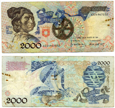 ПОРТУГАЛИЯ 2000 ЭСКУДО 1991 29 АВГУСТА 1991, БАРТОЛОМЕУ ДИАШ Pick 186b бумага VF 7203-63-2