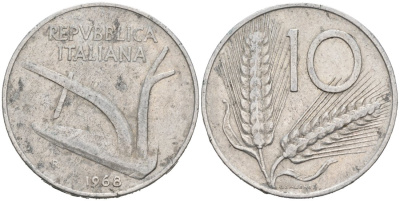 Италия 10 лир 1968 R, плуг, колосья KM 93 алюминий 4571-521