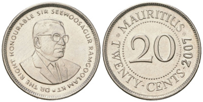 Маврикий 20 центов 2007 KM 53 сталь плакированная никелем UNC 4523-622