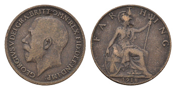 Великобритания 1 фартинг 1918 Георг V (1910-1936) KM 808.1, Spink 4059 бронза 4664-247