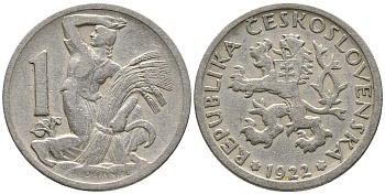 Чехословакия 1 крона 1922 женщина со снопом и серпом KM 4 медно-никель 24-1136