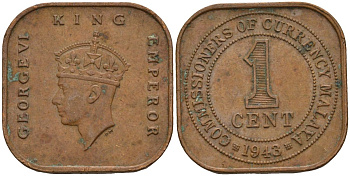 Британская Малайя 1 цент 1943 Георг VI (1937-1952) KM 6 бронза 4153-624