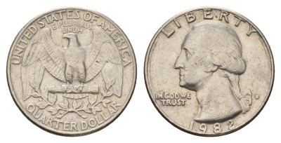 США 25 центов (квотер) 1982 D, Вашингтон KM A164a медь плакированная медно-никелем 4681-445