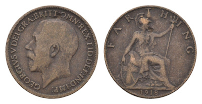 Великобритания 1 фартинг 1918 Георг V (1910-1936) KM 808.1, Spink 4059 бронза 4664-247