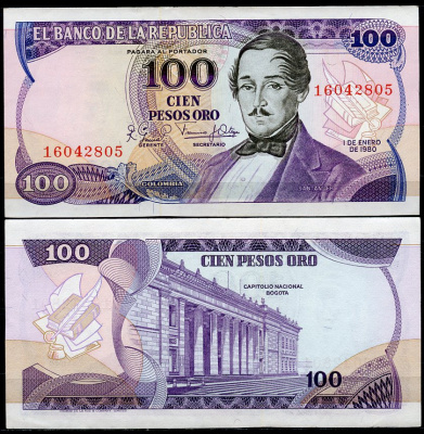 Колумбия 100 песо 1980 генерал Франсиско де Паула Сантандер, герой освободительной войны, без букв Pick 418 b  бумага  UNC (пресс) 7202-34-2