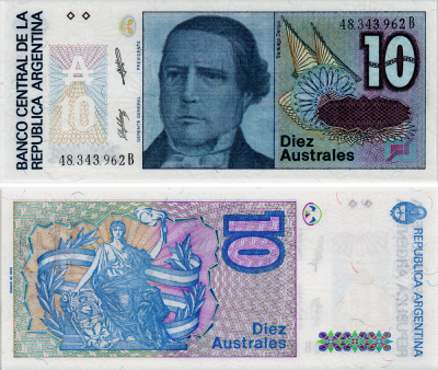 АРГЕНТИНА 10 АУСТРАЛЕЙ 1988 СЕРИЯ В 48343, САНТЬЯГО ДЕРКИ, ПРЕЗИДЕНТ АРГЕНТИНЫ Pick 325b бумага UNC (ПРЕСС) 7218-20-1