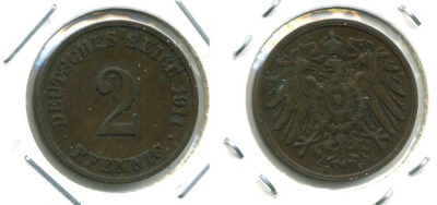 ГЕРМАНИЯ 2 ПФЕННИГА 1911 J KM 16, J.11 медь 701-525