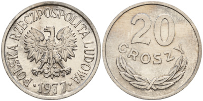 Польша 20 грошей 1977 MW KM А47 алюминий  UNC  4187-345
