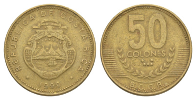 Коста-Рика 50 колонов 1999 KM 231.1 латунь 4631-221