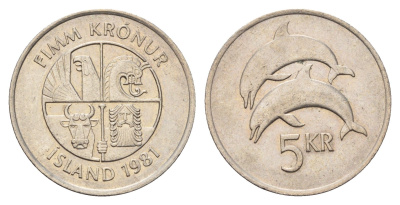 Исландия 5 крон 1981 дельфины KM 28 медно-никель 4591-551