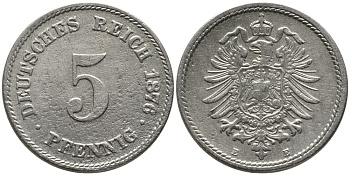 ГЕРМАНИЯ 5 ПФЕННИГОВ 1876 Е, СТАРОГЕРБОВКА KM 3, J.3 медно-никель 96-617