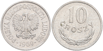 ПОЛЬША 10 ГРОШЕЙ 1969 MW KM АА47 алюминий UNC 4528-314