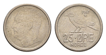 Норвегия 25 эре 1967 Улаф V (1957-1991) KM 407 медно-никель 4632-1239