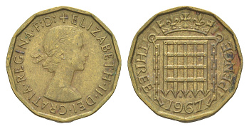 Великобритания 3 пенса 1967 Елизавета II (1952-2022) KM 900, Spink 4153 никель латунь 4643-467