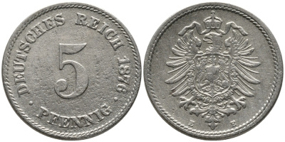 ГЕРМАНИЯ 5 ПФЕННИГОВ 1876 Е, СТАРОГЕРБОВКА KM 3, J.3 медно-никель 96-617