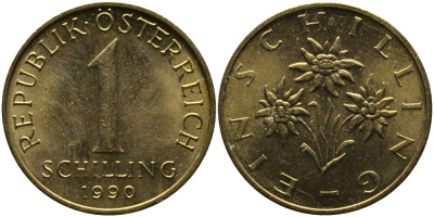 АВСТРИЯ 1 ШИЛЛИНГ 1990 KM 2886 алюминиевая бронза 33-522