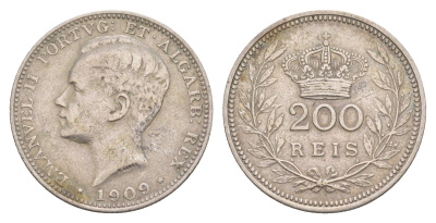 Португалия 200 реалов 1909 Мануэл II (1908-1910) KM 549 серебро 4654-925