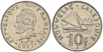 Французская Новая Каледония 10 франков 2007 рыбачья парусная лодка, (IEOM) KM 11a, Schoen 13a, Lec 99k медно-никель 56-527