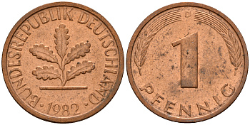 ФРГ 1 пфенниг 1982 D KM 105, J. 380 сталь плакированная медью    4598-621