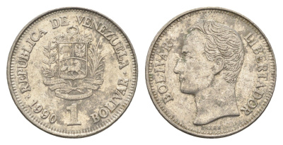Венесуэла 1 боливар 1990 Симон Боливар Y 52a.2 сталь плакированная никелем 4662-914