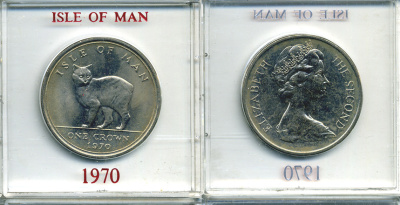 Остров Мэн 1 крона 1970 кошка Мэна, в оригинальной пластиковой коробке KM 18 медно-никель UNC 6-6-1-59