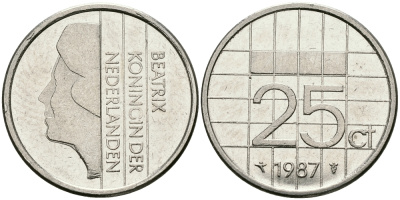 НИДЕРЛАНДЫ 25 ЦЕНТОВ 1987 БЕАТРИКС KM 204 никель 96-317