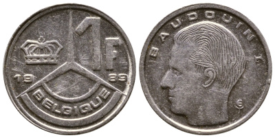 Бельгия 1 франк 1989 Belgique, Бодуэн I (1951-1993) KM 170 железо плакированное никелем 176-721