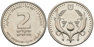 Израиль 2 новых шекеля 2008 JE 5768 KM 433 сталь плакированная никелем aUNC 4606-954