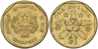 Сингапур 1 доллар 1988 барвинок KM 54b алюминиевая бронза 4364-2756