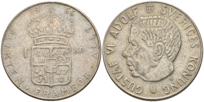 Швеция 1 крона 1966 U, Густав VI Адольф (1950-1973) KM 826 серебро 4150-213
